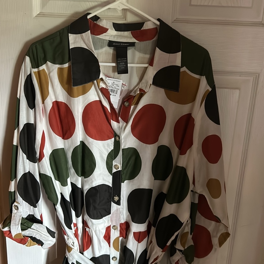 Ashley Stewart 22/24  polka dot Dress - New With Tags - Long belted w/pockets